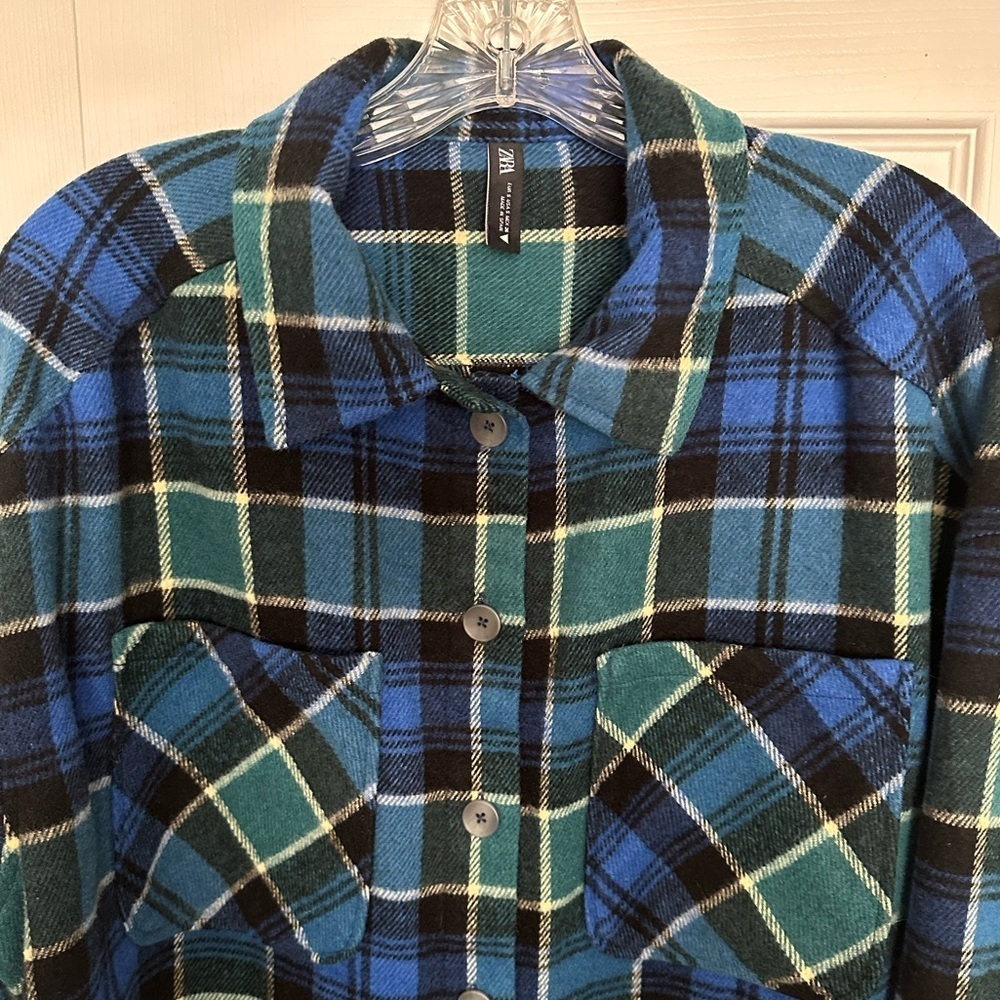 Zara Blue & Green Plaid Shacket – Women’s Size S – Cozy Oversized Flannel Jacket - Picture 4 of 6